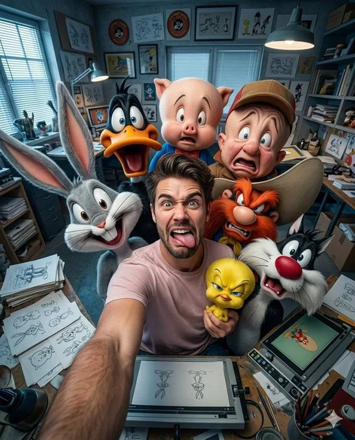 Ultra-realistic 4:5 vertical format ultra wide angle 13mm selfie of me with Bugs Bunny, Daffy Duck, Porky Pig, Elmer Fud