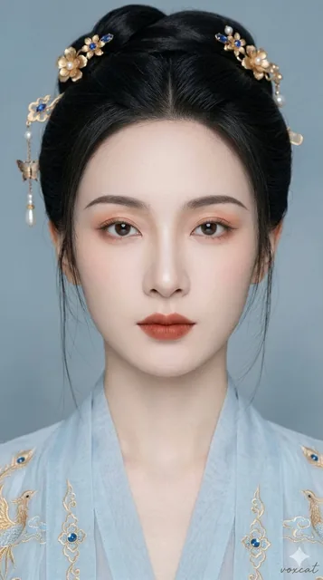 A hyper-realistic, close-up portrait of an elegant ancient Chinese woman, showcasing delicate features and a serene, distant gaze against a soft blue-gray.