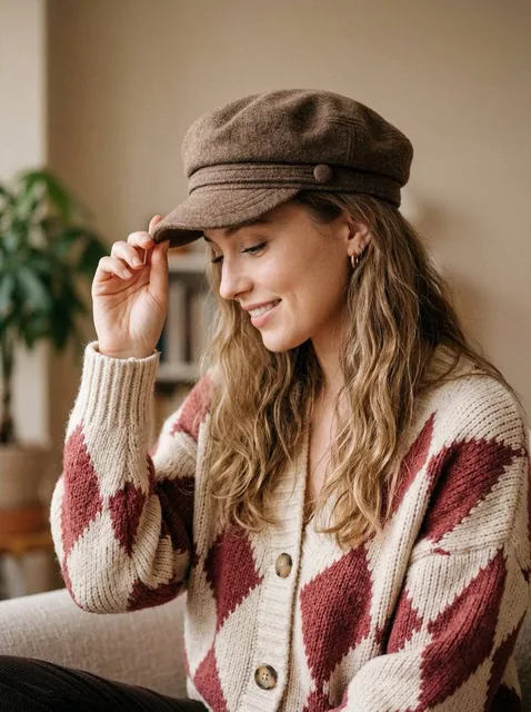 A warm, cozy, and high-quality portrait of a young woman with long, wavy blonde-brown hair, captured in a soft side prof