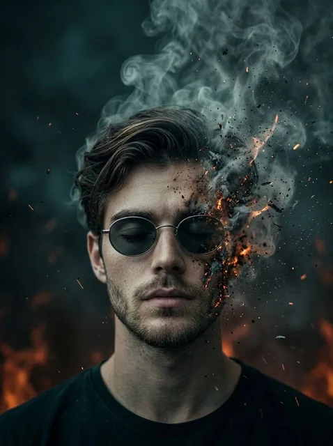 A surreal cinematic portrait of a young man with oval sunglasses, eyes closed, calm expression, standing against a dark