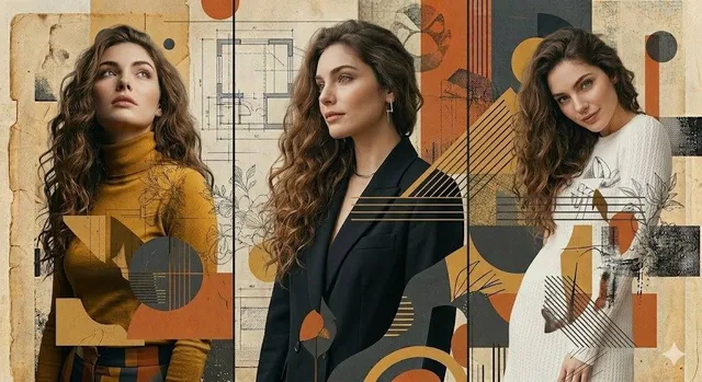 A high-resolution, photorealistic three-panel composition featuring a woman with long, voluminous wavy brown hair and el