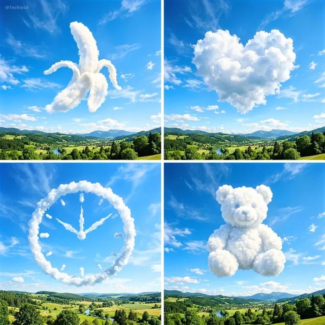 Create an ultra-realistic sky scene where soft, natural cloud formations organically assemble into the clear silhouette