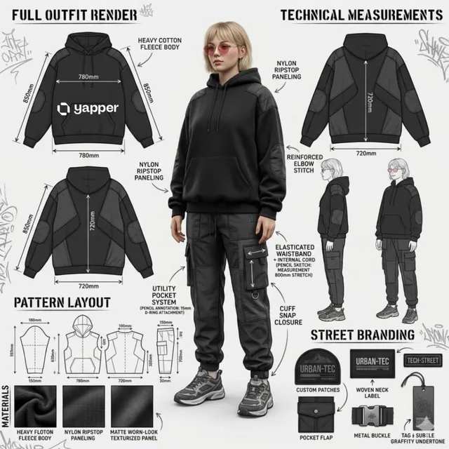 Using the attached image, create a professional industrial fashion design illustration sheet for a high-end streetwear o