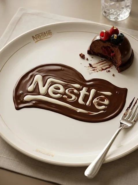 Transform the uploaded logo into a realistic dessert scene where the logo silhouette is formed naturally by melted choco