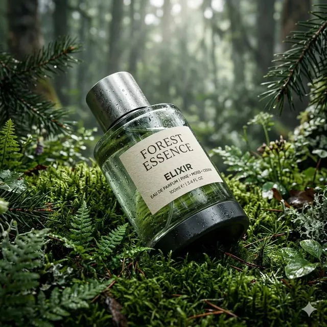 Ultra-realistic premium fragrance product shot of a perfume bottle (Forest Essence Elixir), positioned at a (low macro a