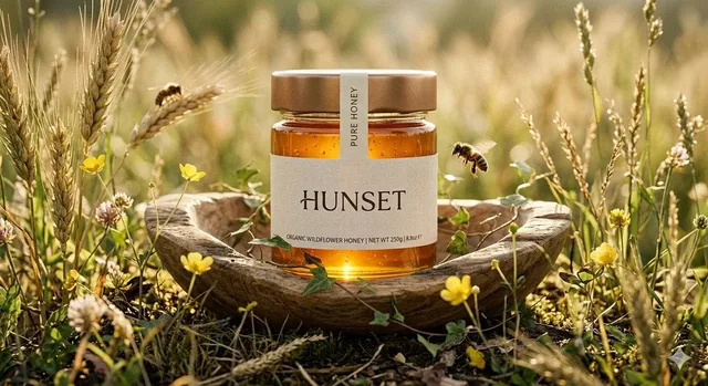 Ultra-realistic cinematic product shot of a premium honey jar placed inside a shallow wooden hollow surrounded by tall w
