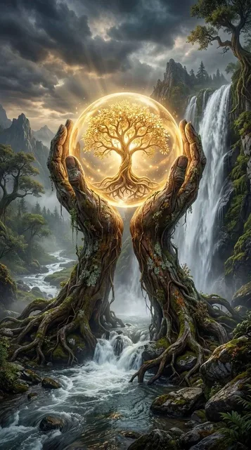 A majestic, ancient gnarled tree with thick, twisting roots sits at the center of a lush, mystical landscape, its roots