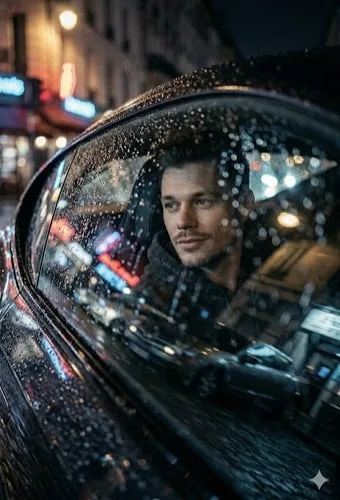 A low-angle, cinematic close-up shot looking through a rain-slicked car window. Inside the car, a contemplative man with