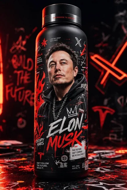 Ultra-realistic 8K hype-brand product shot of a collectible thermal bottle with a sleek matte black finish and bold urba