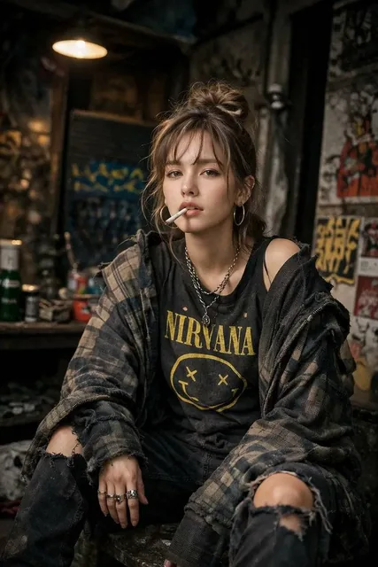 A high-detail photograph of a defiant woman posing nonchalantly. She has a messy aesthetic, wearing oversized grunge clo
