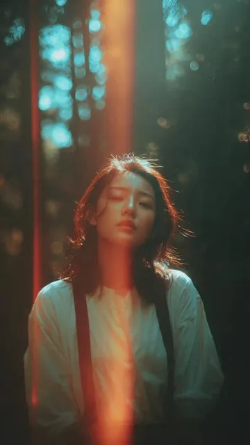 A cinematic portrait of an Asian woman standing in a quiet forest, captured in a spontaneous moment as she turns her hea