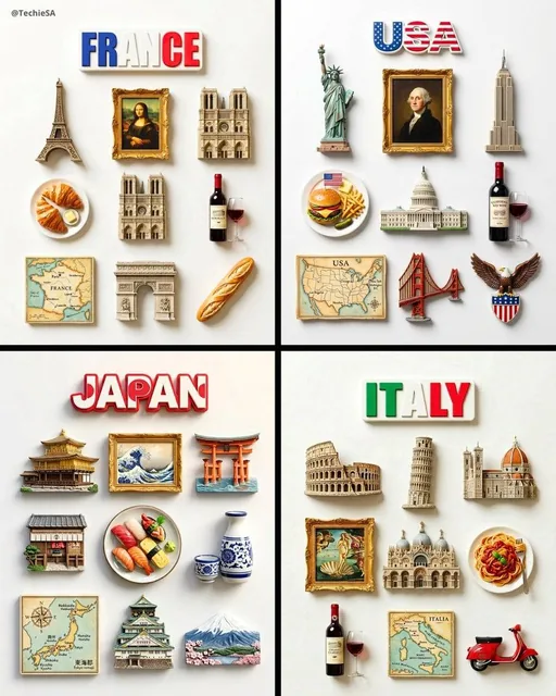 A flat-lay collection of exactly 9 hyper-realistic 3D resin fridge magnets arranged on a plain matte white surface, them