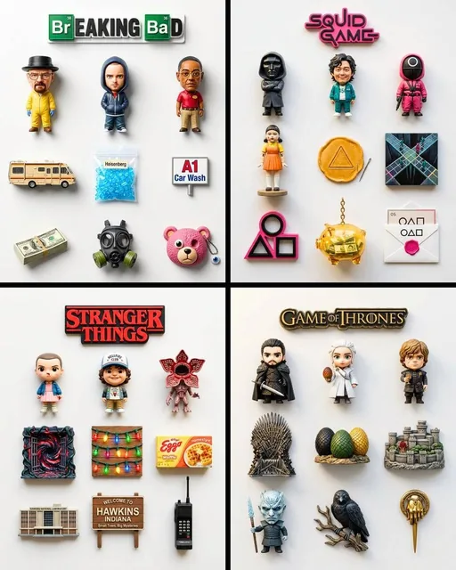 A flat-lay collection of exactly 9 hyper-realistic 3D resin fridge magnets arranged on a plain matte white surface, them