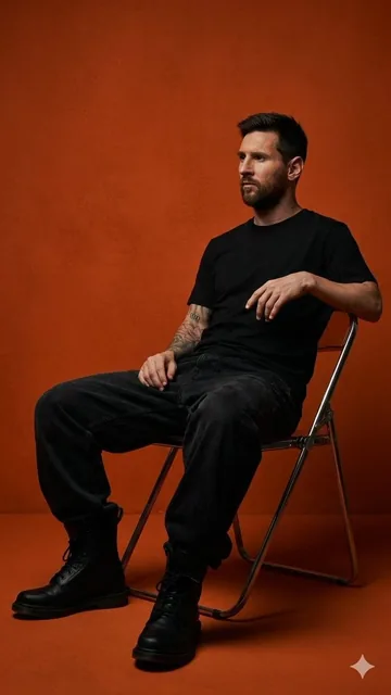 Use model (the person in the image) you create a dark orange studio photo featuring a young man sitting casually on a me