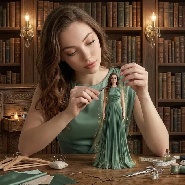 A hyper-realistic cinematic scene of a young woman sitting at a wooden desk in a vintage library filled with old books.