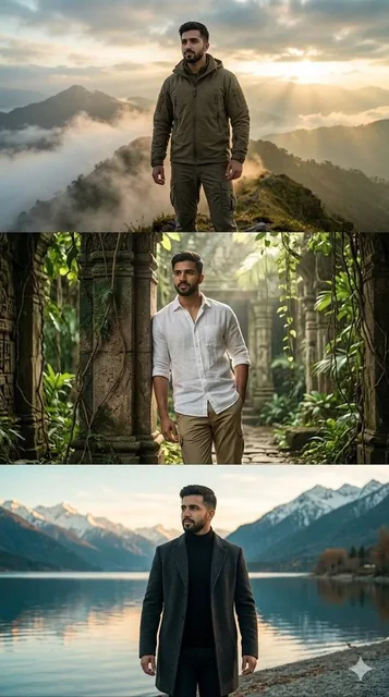 A hyper-realistic three-panel vertical collage featuring the same man in editorial fashion poses: standing on a misty mountain ridge, leaning against a pillar in a jungle temple, a
