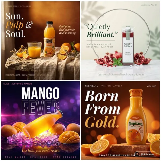 High-end cinematic campaign poster. A Minute Maid Pulpy orange bottle positioned off-center right on a sun-bleached line