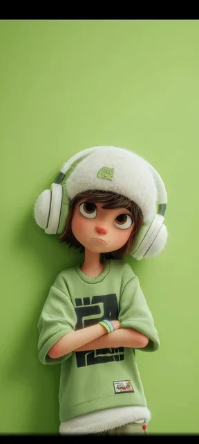 A stylized 3D cartoon character of a young boy with big expressive eyes and a slightly sad, pouty expression, standing a