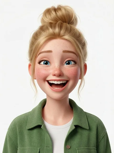 Create a head-and-shoulders Pixar-style 3D avatar of an edgy person based on the reference image with a black bob, purpl