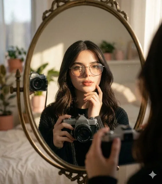 Maintain the same face and person (use attached photo for accurate face) A self-portrait of a young woman with long, dar