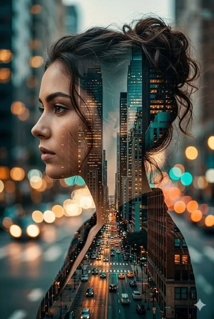 A cinematic double exposure portrait of a young woman hollywood actress in profile, her hair in a messy bun, overlaid wi
