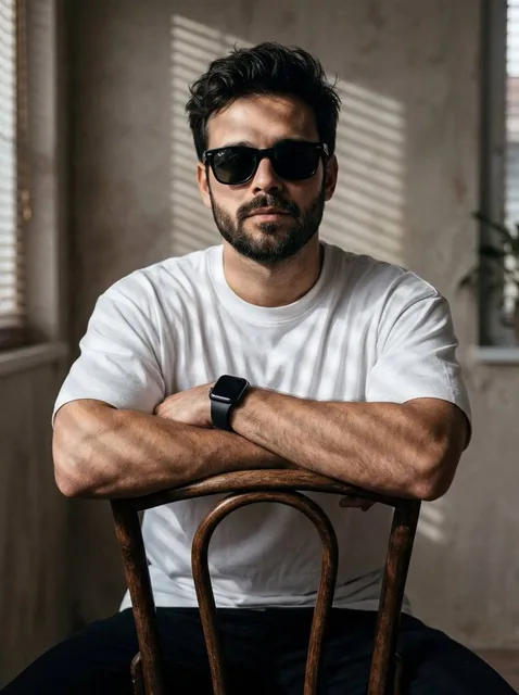 A high-resolution, cinematic portrait of a young man with messy, voluminous dark hair and a well-groomed beard. He is we