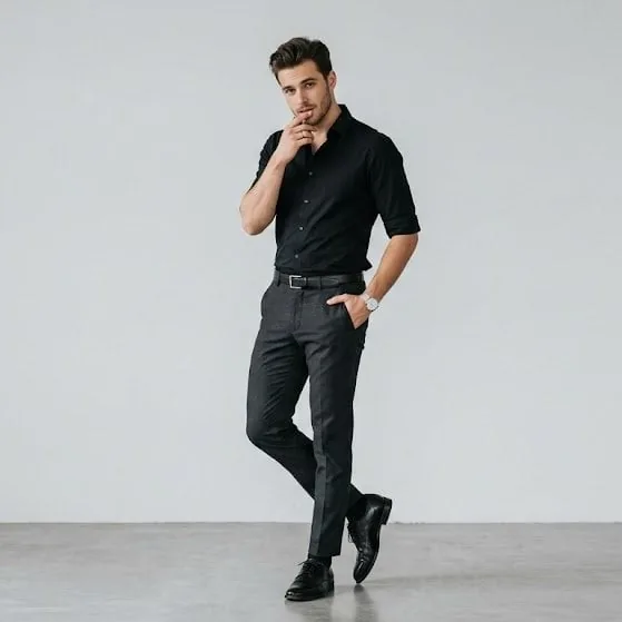 Full-body portrait of a stylish young man standing against a plain light gray background, wearing a fitted black button-