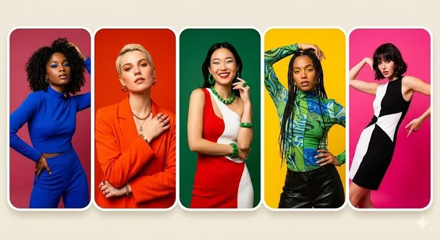 5 panel colorful portrait collage, fashion models, monochrome backgrounds (pink, red, green, yellow), vibrant studio lig
