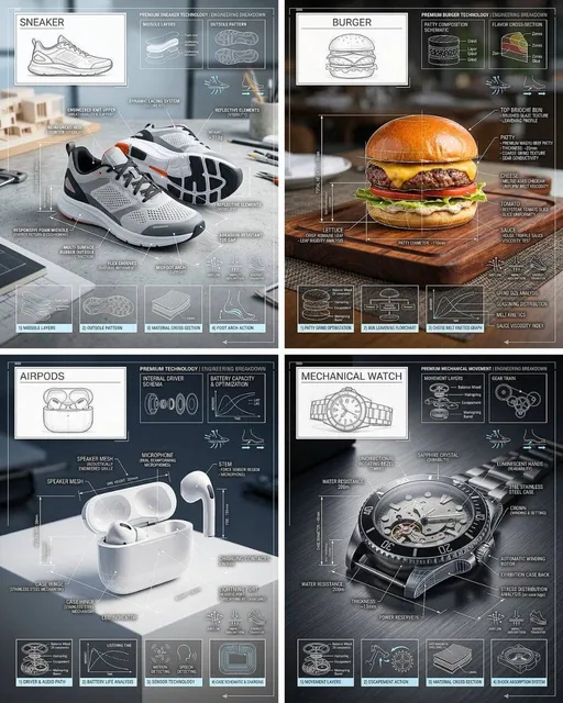 Premium technical infographic of [OBJECT]. Use the reference image only to understand the shape and structure of the obj