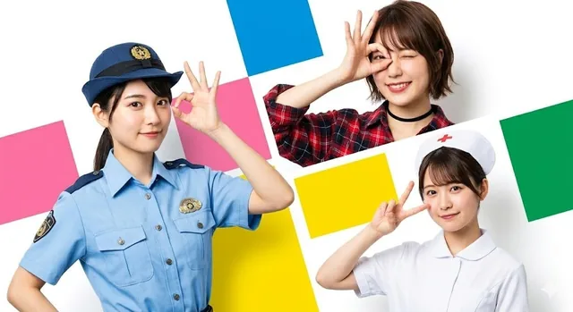 High-resolution Japanese commercial advertisement style photo, three young women posing against a clean white background