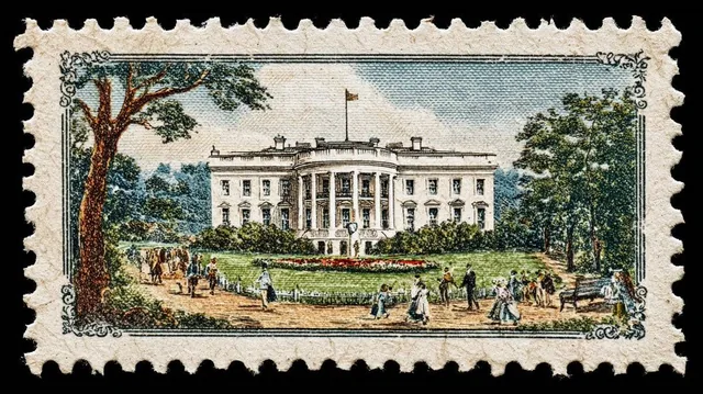 a vintage postage stamp depicting [iconic monument of a capital with people interacting in the scene].