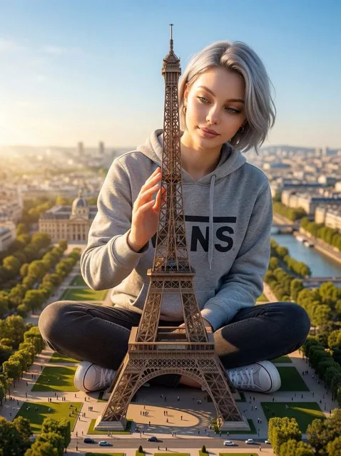 A titanic 600-meter tall woman sitting cross-legged on Champ de Mars in Paris. She leans slightly forward and gently tou