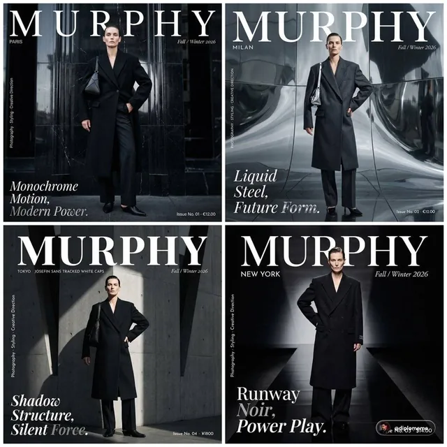 Murphy magazine fashion editorial photograph. Androgynous model early 30s, sharp bone structure, flawless skin, hair sli
