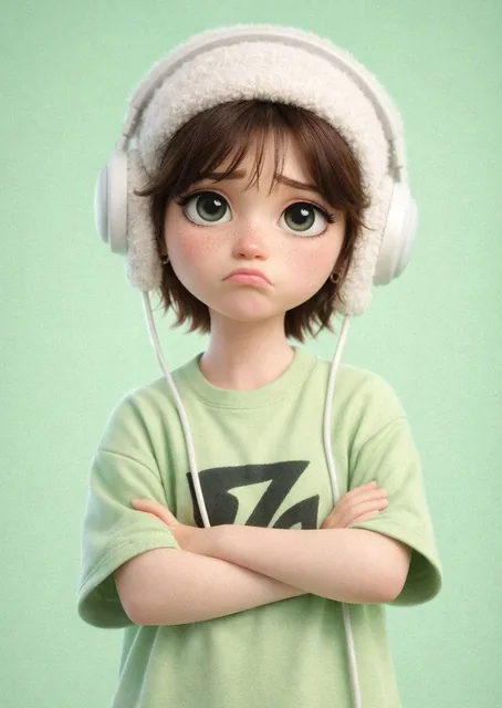 A stylized 3D cartoon character of a [PERSON] with big expressive eyes and a slightly sad, pouty expression, standing ag
