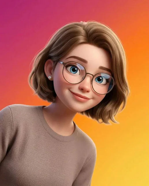 A stylized Pixar-style 3D portrait of a young person with smooth skin, large expressive blue eyes, soft facial features,