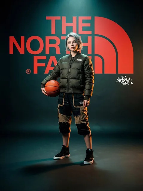 A high-fashion, cinematic brand concept poster for "The North Face." The scene features a woman in the uploaded image, s