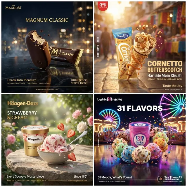 Hyper-realistic professional FMCG ice cream commercial ad poster. Magnum Classic in dark chocolate brown featuring dual