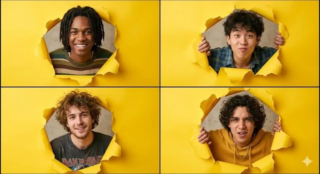 A high-resolution 2x2 grid collage of four individual portraits. In each square, a different young man peeks through a j