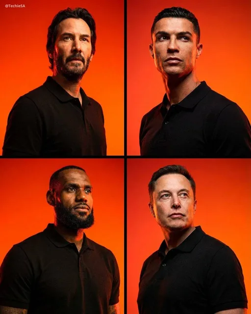 Medium close-up, low-angle studio portrait of a person wearing a black pique polo shirt, looking intensely off-camera against a vibrant, gradient orange-red background with dramati