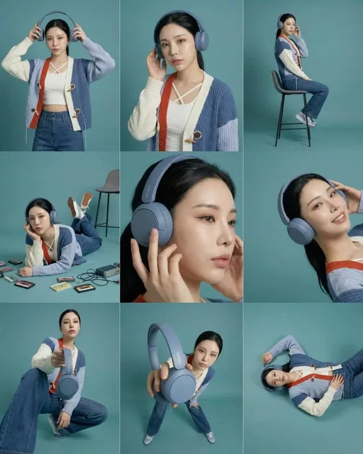 3×3 storyboard grid, nine panels, same subject and outfit, consistent teal studio background, soft diffused lighting, cl