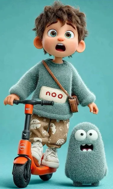 3D Pixar-style animated child character, cute young boy with messy brown hair and big expressive blue eyes, surprised op