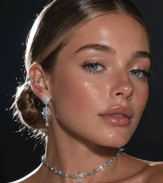 An extreme close-up focusing on a pretty lady's face and neck. She has blue eyes, she is wearing intricate silver jewelr