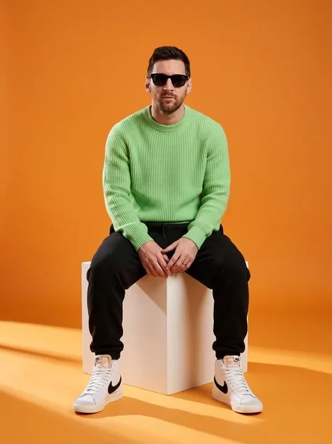 A stylish male model sitting on a white cube in a minimalist studio with a vibrant orange background. He is wearing a fi