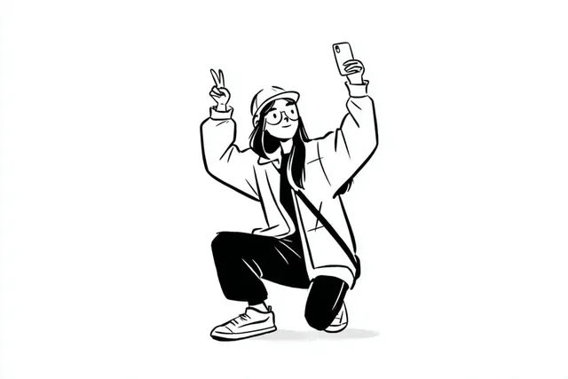 A simple black-and-white illustration of a [subject] in [outfit], [doing action], with a [facial expression] expression,