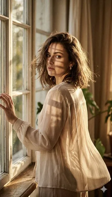 A high-fashion editorial portrait of a young woman standing by a large, rustic wooden window. She is captured in a candi