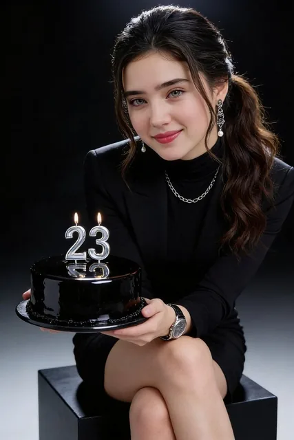 A bold, high-contrast studio photoshoot featuring a woman with the uploaded face as reference, celebrating her 23th birt