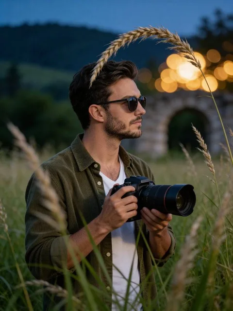 Cinematic medium shot of a young man with a trimmed beard and short brown hair, standing upright in a lush meadow at