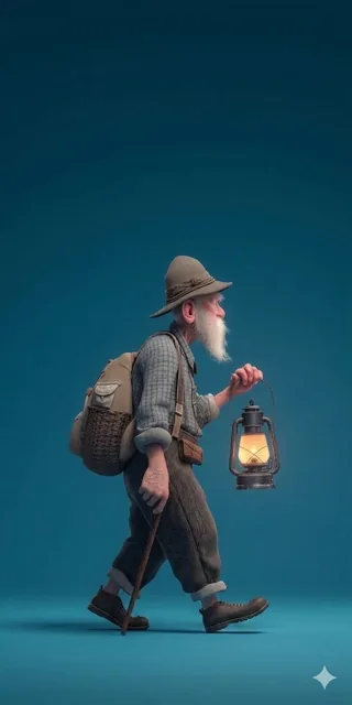 ​A stylized 3D rendered full-body profile portrait of an elderly male hiker with a long white beard, viewed from the sid