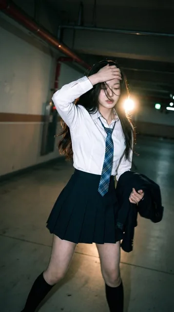 Candid portrait of a young woman in a dim parking garage, wearing a white shirt with a blue plaid tie and pleated mini s
