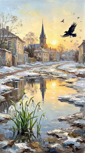 A surreal, high-resolution conceptual image depicting the transition from winter to spring. In the center, a large, real